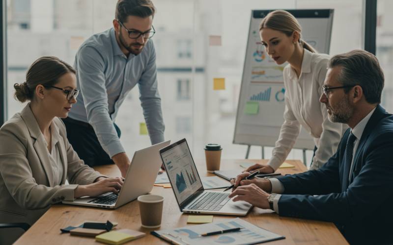 img seccion diferencia "Equipo diverso de especialistas administrativos colaborando en una mesa de conferencias con pantallas de laptop que muestran gráficos, simbolizando confianza y especialización en la sección '¿Qué nos diferencia?'"