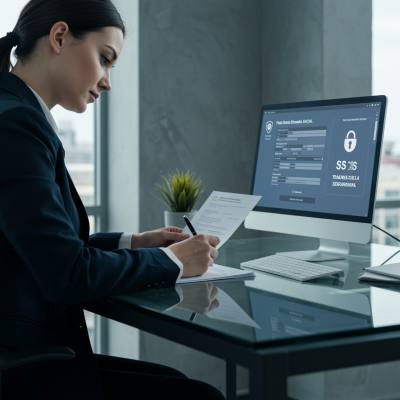 img seccion serviciosRecurso 9 100 "Profesional blanco completando formularios de Seguridad Social en un escritorio de vidrio, con un monitor que muestra un portal seguro, en un ambiente iluminado y minimalista que refleja servicios eficientes de trámites con la Seguridad Social."