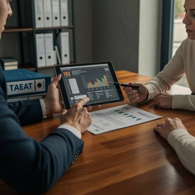 servicio arquitectura legal 2 "Consultor fiscal asesorando a un cliente sobre impuestos en una oficina moderna, con tablet y documentos de la AEAT."