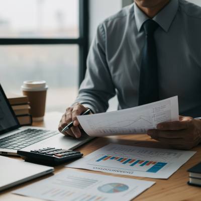 servicio edificacion 2 "Ilustración digital de un contador en oficina moderna revisando libros contables y gráficos, ideal para destacar servicios de gestión contable en sitios web corporativos."